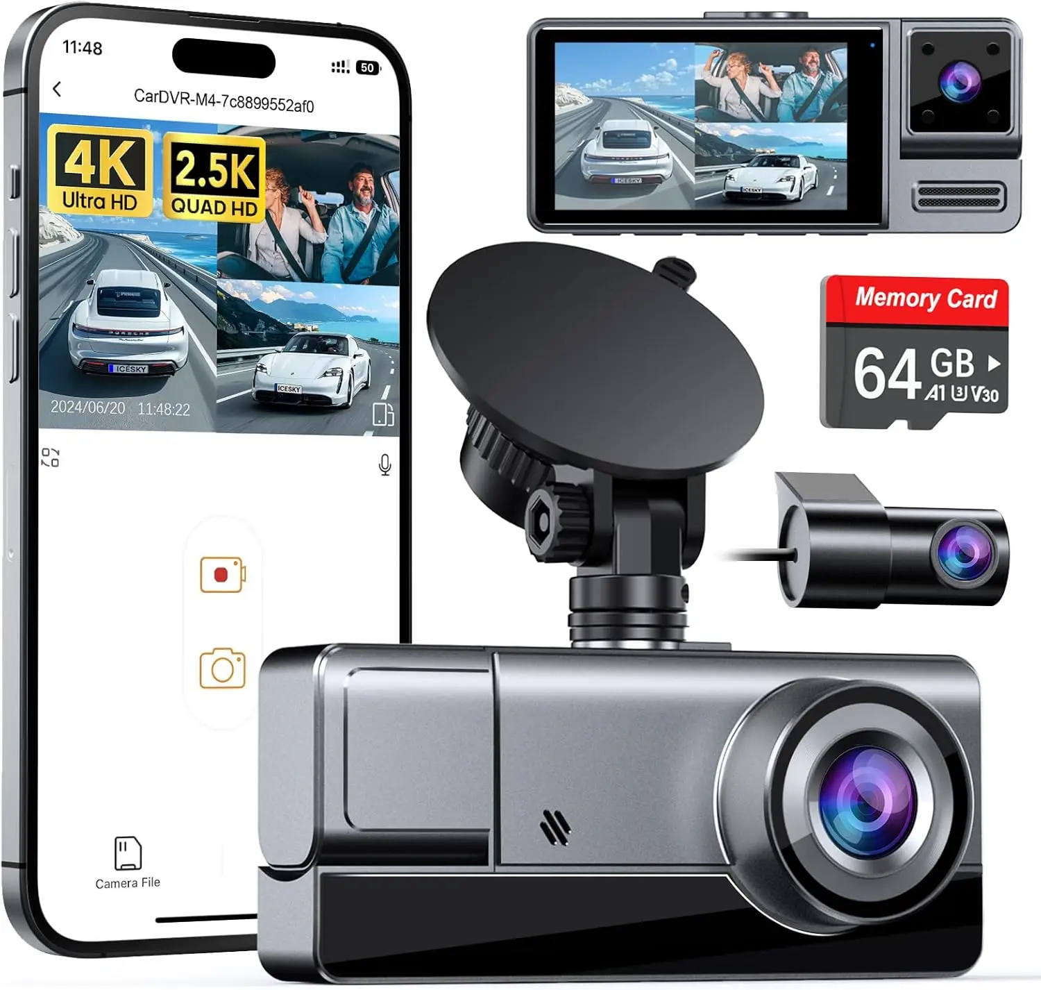 3 Channel WiFi Dash Cam Front and Rear Inside, 4K+1080P Dash Camera for Cars Front and Rear, Front and Inside, 2.5K+1080P+1080P