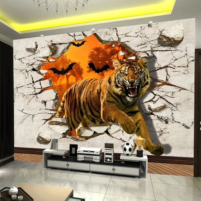 Customized Mural Wallpaper Tiger Broken Wall 3D Creative Photo Living room TV background wall bedroom restaurant wall fabric 8d