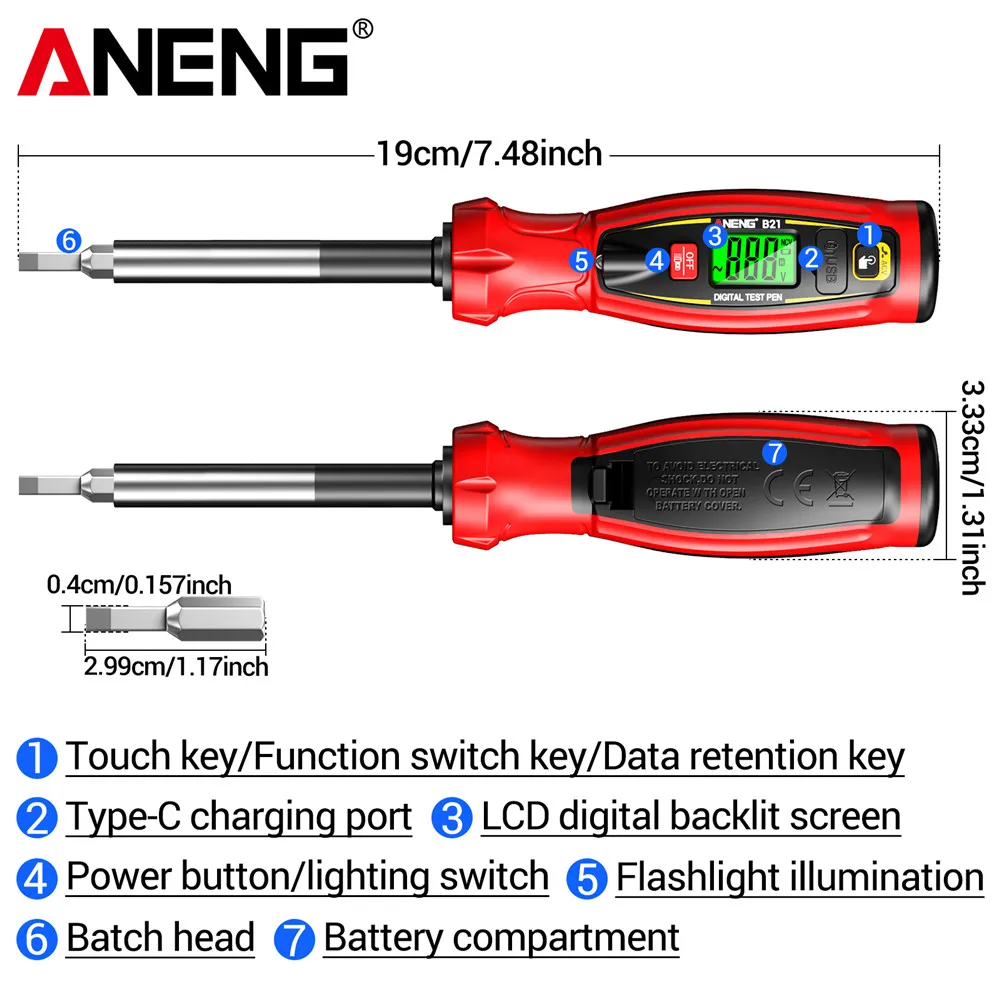 

Sensing Voltage Screwdriver Tester Pen Non Contact 10 replaceable batch heads Rechargeable 30~1000V Detection Tools ANENG B21