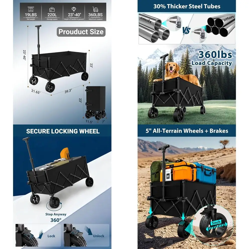 

Extra Large Foldable Beach Wagon with 360lbs Capacity and Big Wheels for All Terrain Use