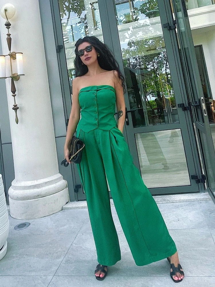 

Limited Edition Texture Sensation Button up Crop Top Wide Leg Pants Suit Casual Cotton Blend Fashion Set Black Green