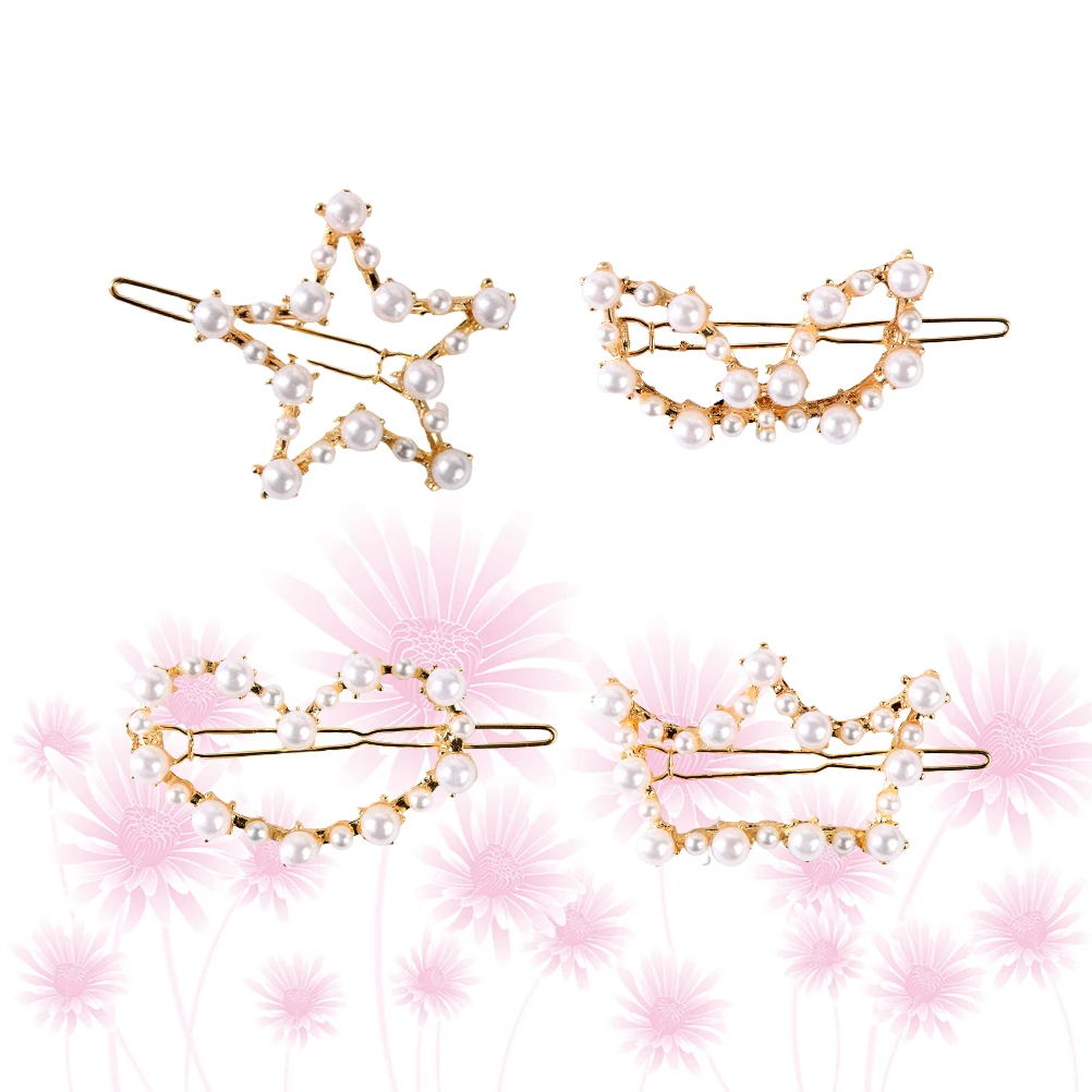 

4pcs Pearl Heart Hair Clips Hollow Out Geometric Barrettes Durable Alloy Girls Headdress Hair Accessories Travel Stylish Gift