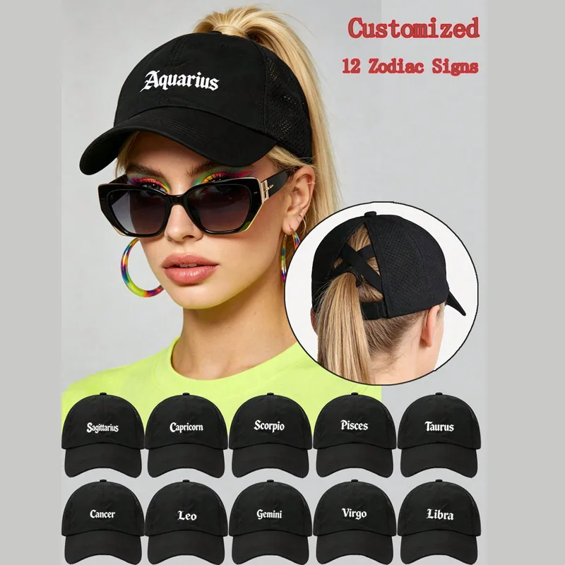 Women Criss Cross High Ponytail Baseball Cap,12 Zodiac Signs Print Mesh Sun Hat,Adjustable Summer Outdoor Sport Trucker Hat