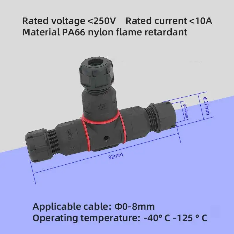 3Pin T-type Waterproof Connector IP68 Outdoor 24A 8mm Wire Connectors for Led Lighting 3 Ways Power Connection Plug Junction Box