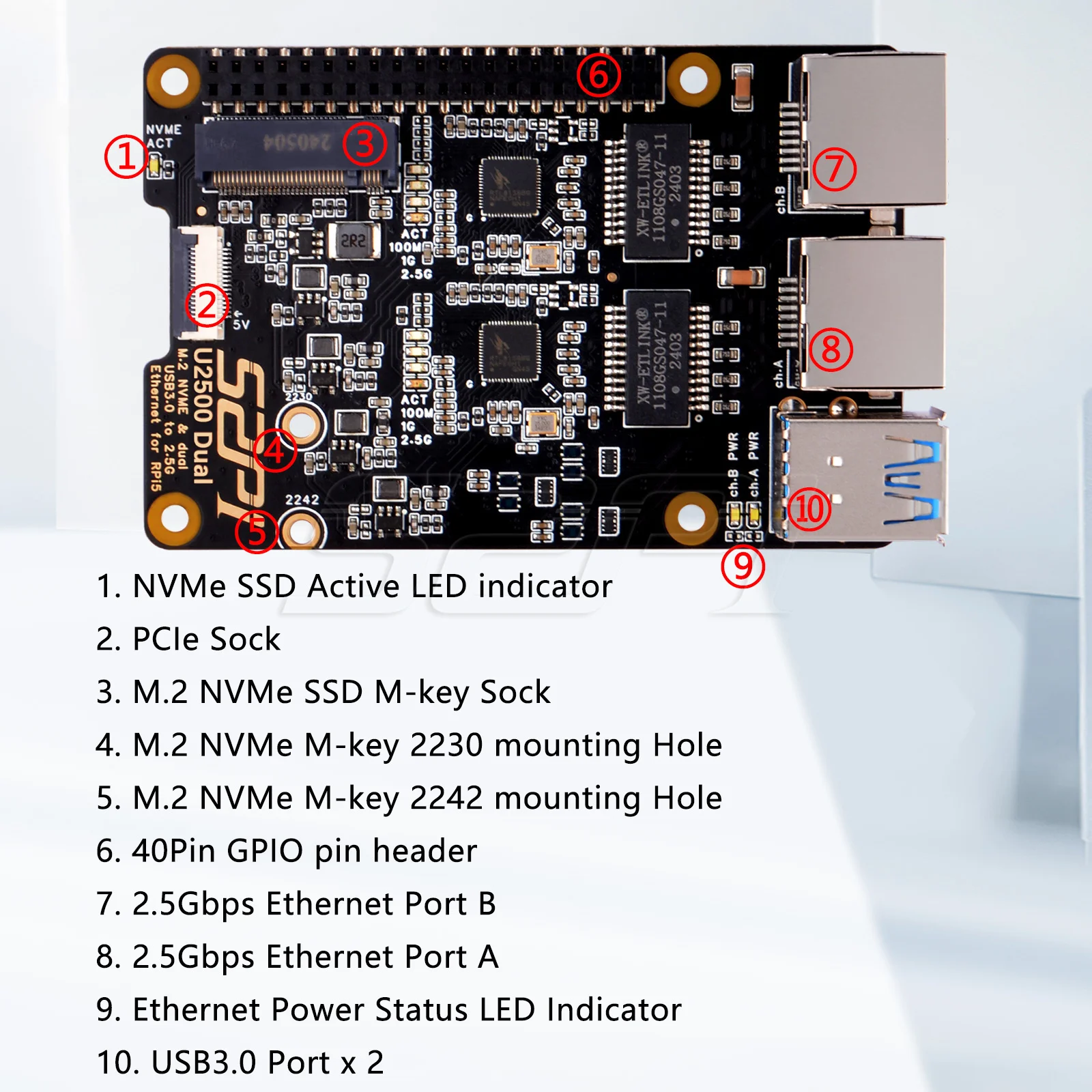 Imagem -03 - Placa Adaptadora de Extensão para Raspberry pi U2500 M.2 Nvme Dual Usb 3.0 a 2.5g