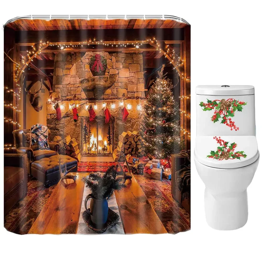 Christmas Shower Curtain Set for Bathroo Warm Living Room Xmas Fireplace Wreath Tree Socks Lights Gift Box