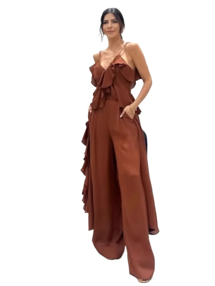 

Women Summer Sets Ruffled Strappy Off The Shoulder Sexy Tops High Waist Wide Leg Pants Fashion Pants Sets Female 2 Piece Set