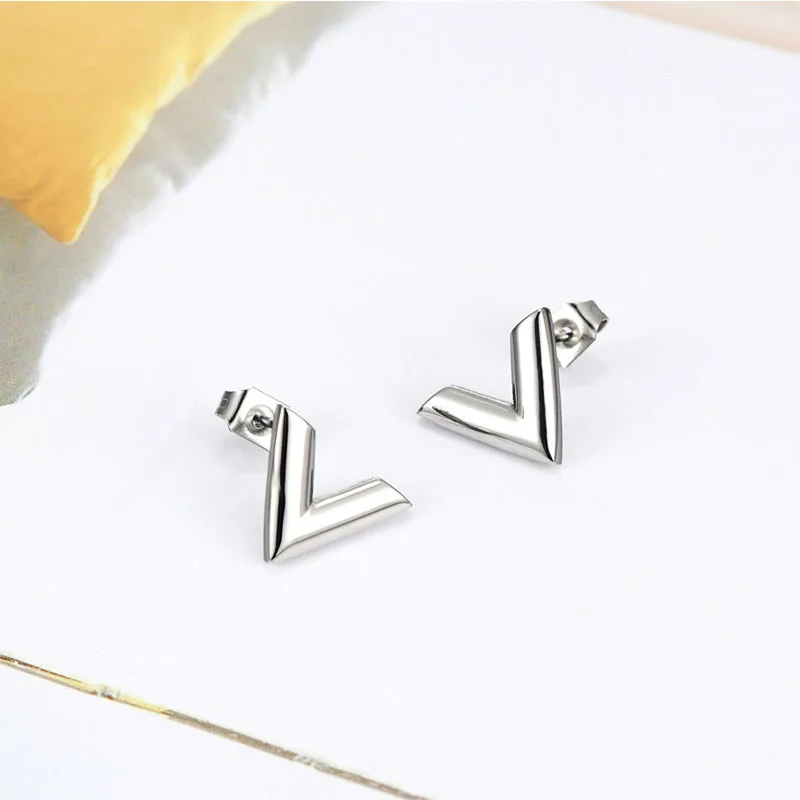 Trend Earrings Trend Luxury Brand Jewelry Simple Design V Letter Stainless Steel Stud Earring For Women Gold-Color Elegant Party