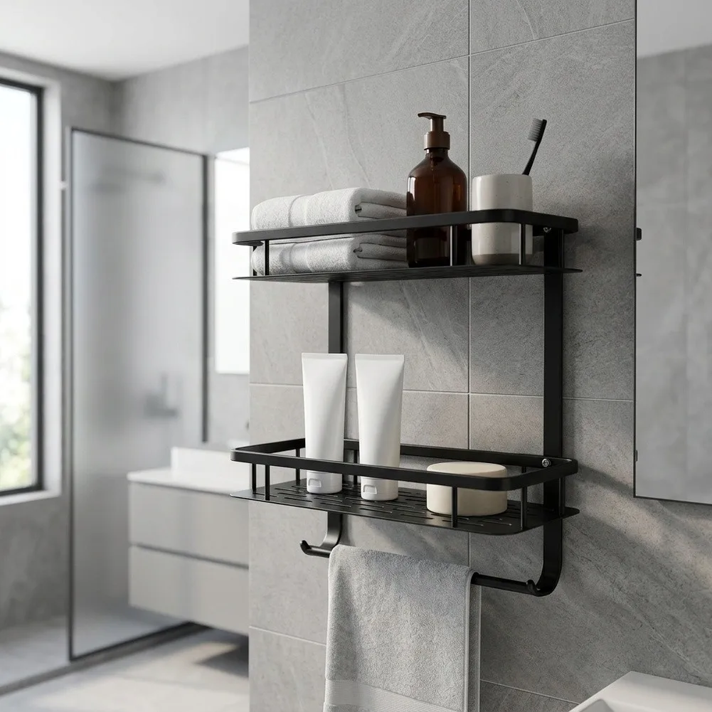 Black Aluminum Corner Shelf for Bathroom Double Layer Wall Mounted Design No Drill Installation Suitable for Modern Bath Layouts