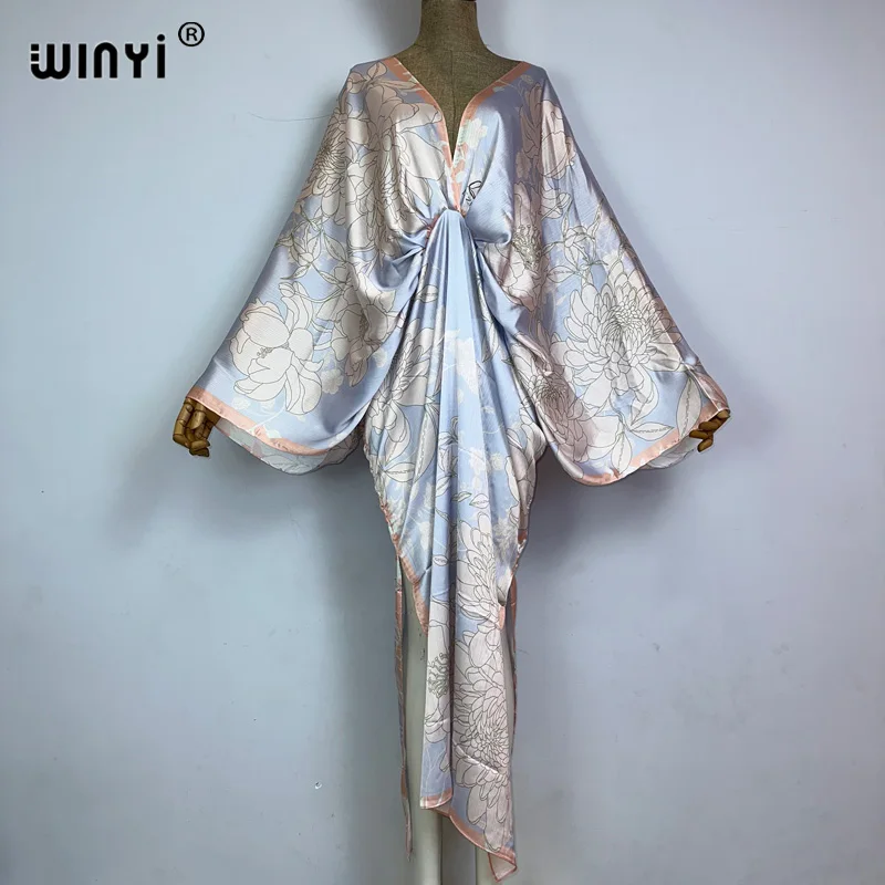 

WINYI new summer High fork sexy Elegant print dress Women kaftan Bohemia long Sleeve Dress Ladies Fashion beach Cover Up