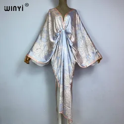 WINYI new summer High fork sexy  Elegant print dress Women kaftan Bohemia long Sleeve Dress Ladies Fashion beach Cover Up