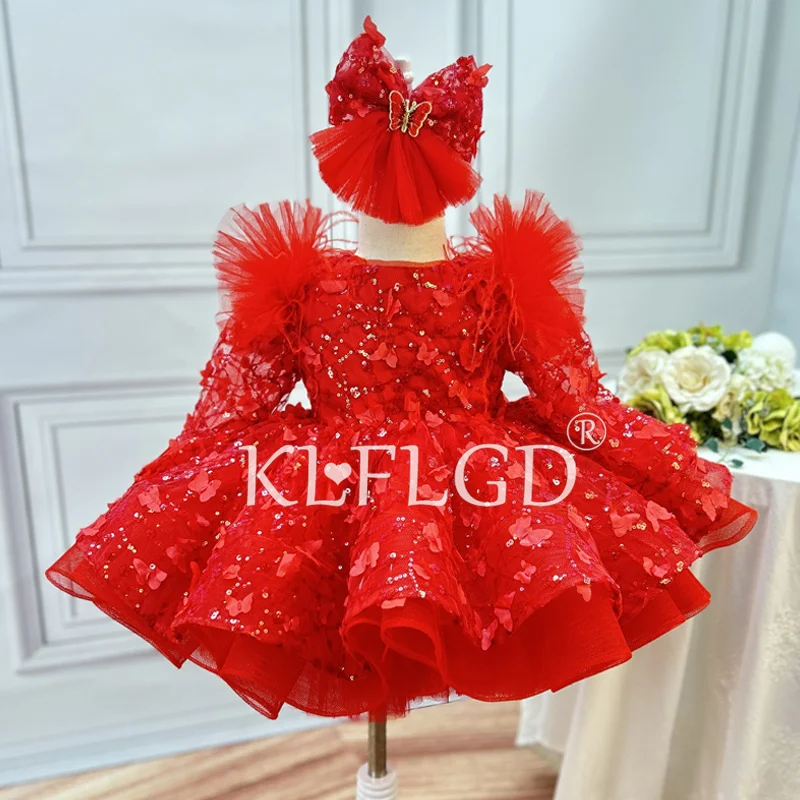 New red high -end children's dress little host piano performance, performance girl birthday party, puff puff long sleeve girl