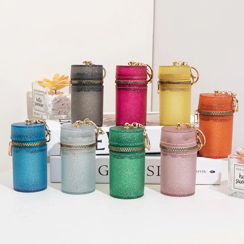 New Cylindrical Mini Lipstick Bag Candy Color Fine Glitter Zipper Coin Bag with Keychain Portable Lip Gloss Organizer Pouch