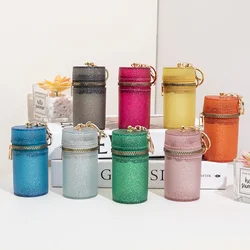 Candy Color Shining Transparent Cylindrical Jelly Bag Fashion Cute Mini Lipstick Bag Portable Zipper Coin Purse with Keychain