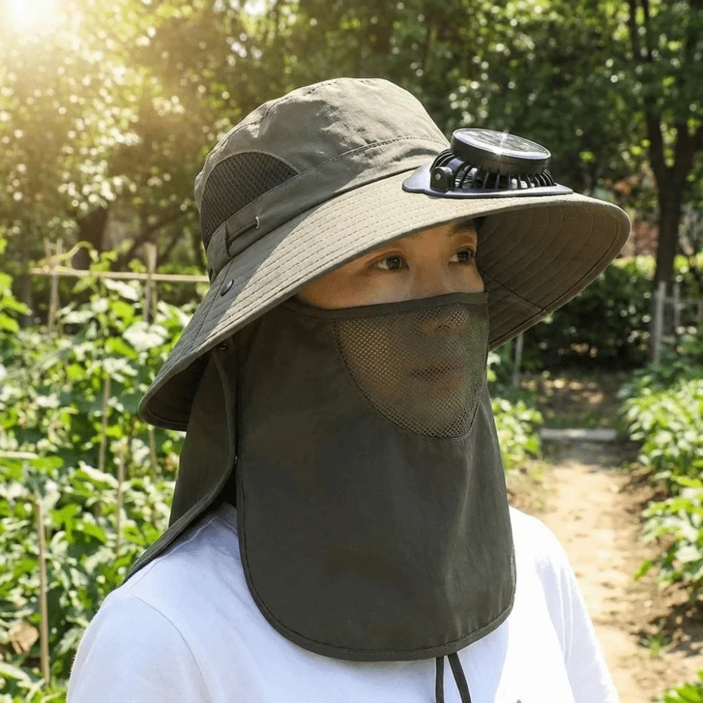 Portable Solar Rechargeable Fan Hat Adjustable Long-lasting Fishing Sun Shading Hat 1000mA with Face Cover Wide Brim Fan Hat