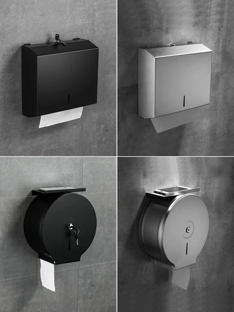 Black stainless steel toilet large roll paper box Public toilet hand wiping paper box Hotel wall mounted large tray tissue