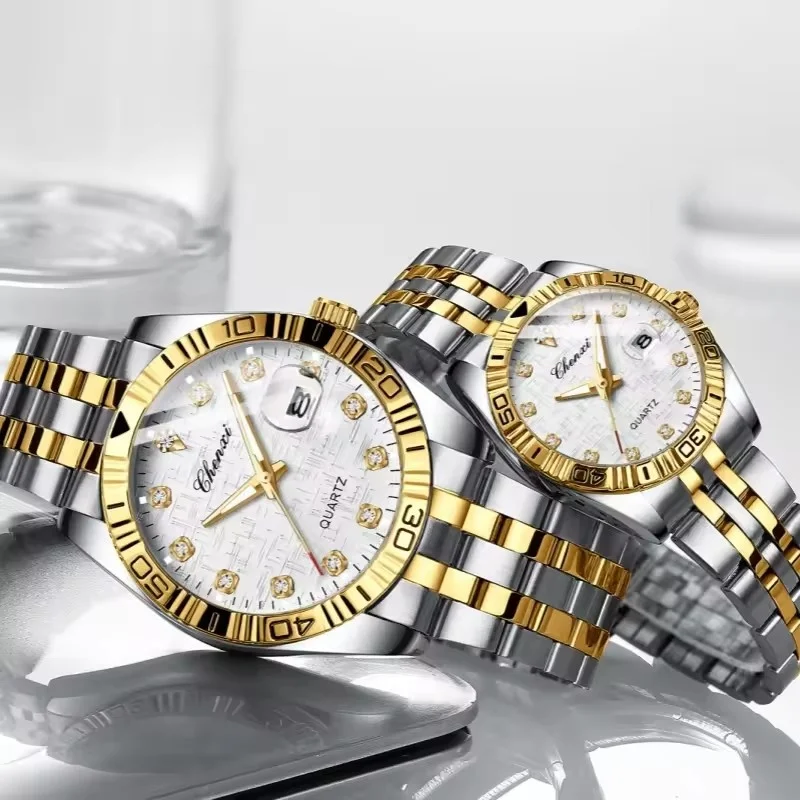 CHENXI 8201B Advanced Fashion Couple Quartz Watch Waterproof Calendar Luminous Steel Strip Elegant Men's and Women's Date Watch