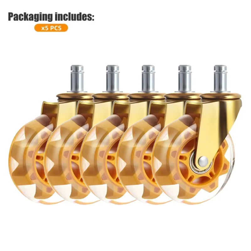 5 Pcs 3 inch Clear Swivel Casters For Office/gaming Chairs - PU Silent Wheels With Stem Insert (11x22mm)
