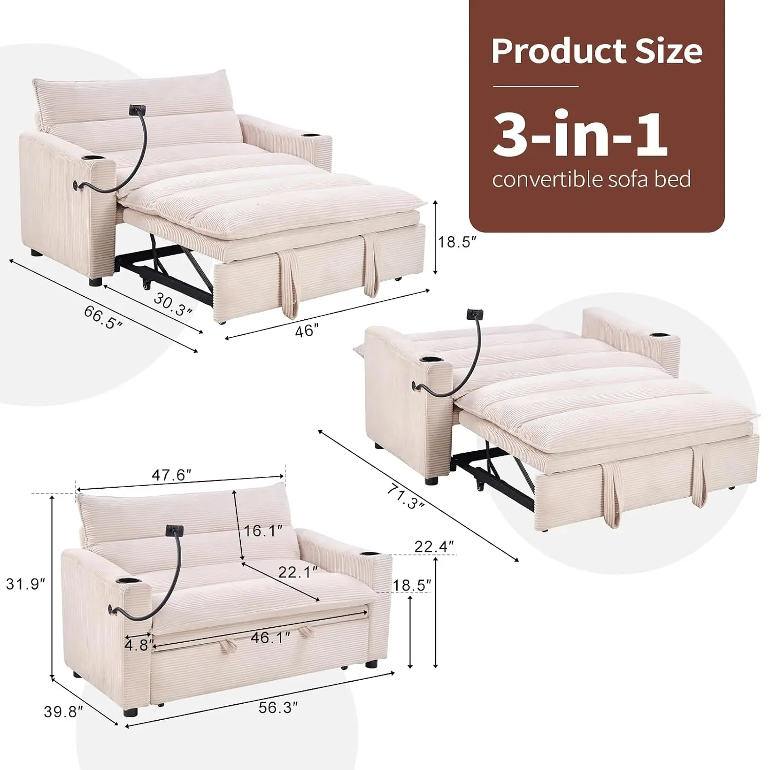 3-in-1 Loveseat Sleeper with Pull Out Bed, Cup & Phone Holders, USB Ports, Corduroy Adjustable Backrest, Customized