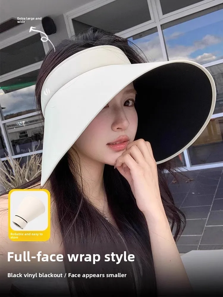 2026 New Style Black Glue Sun Hat Foldable Empty Top Not Drop Large Brim Sunshade Cap Women's Summer Travel Casual Hat