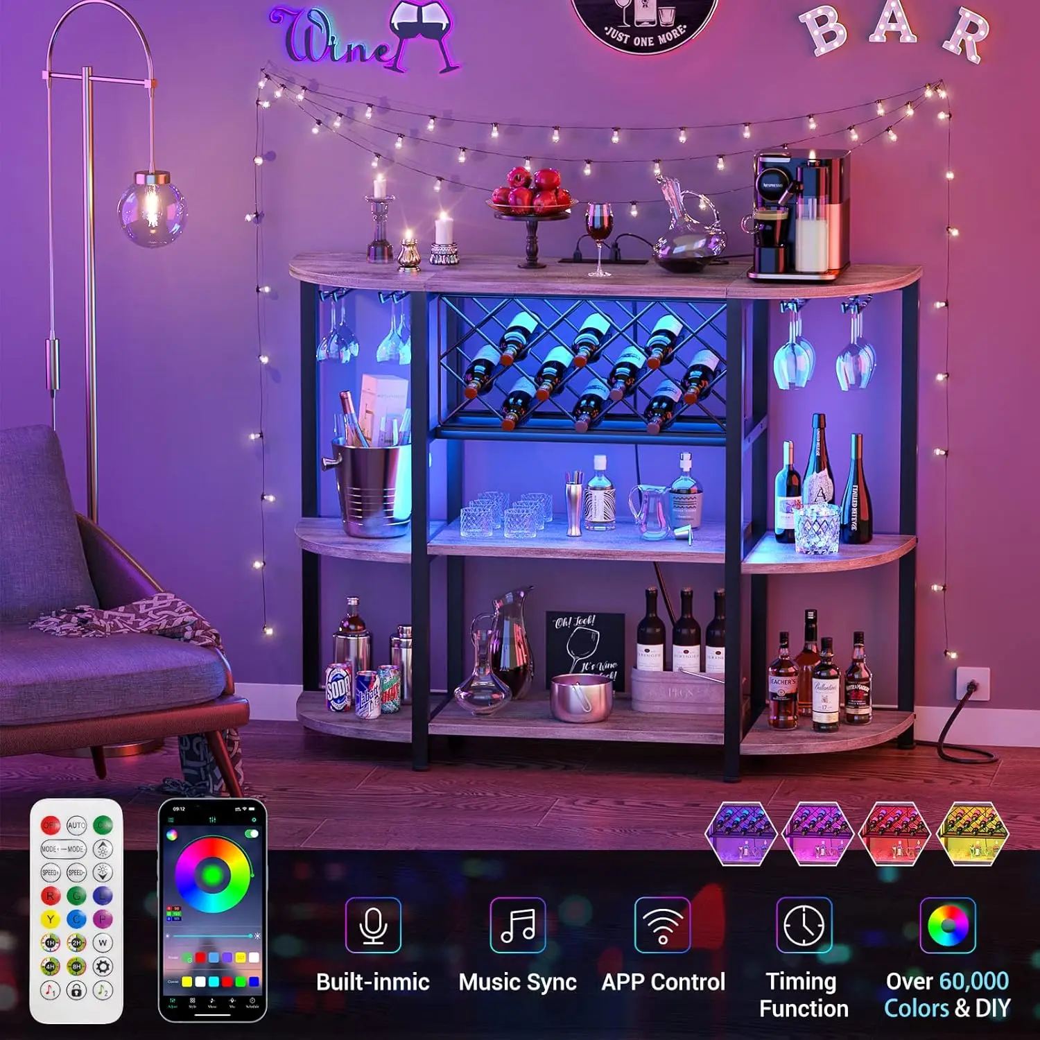 Armário de bar de café de metal de 4 camadas Unikito com tomada e luz LED, mesa de chão autônoma para suporte de vidro de licor, rack de vinho