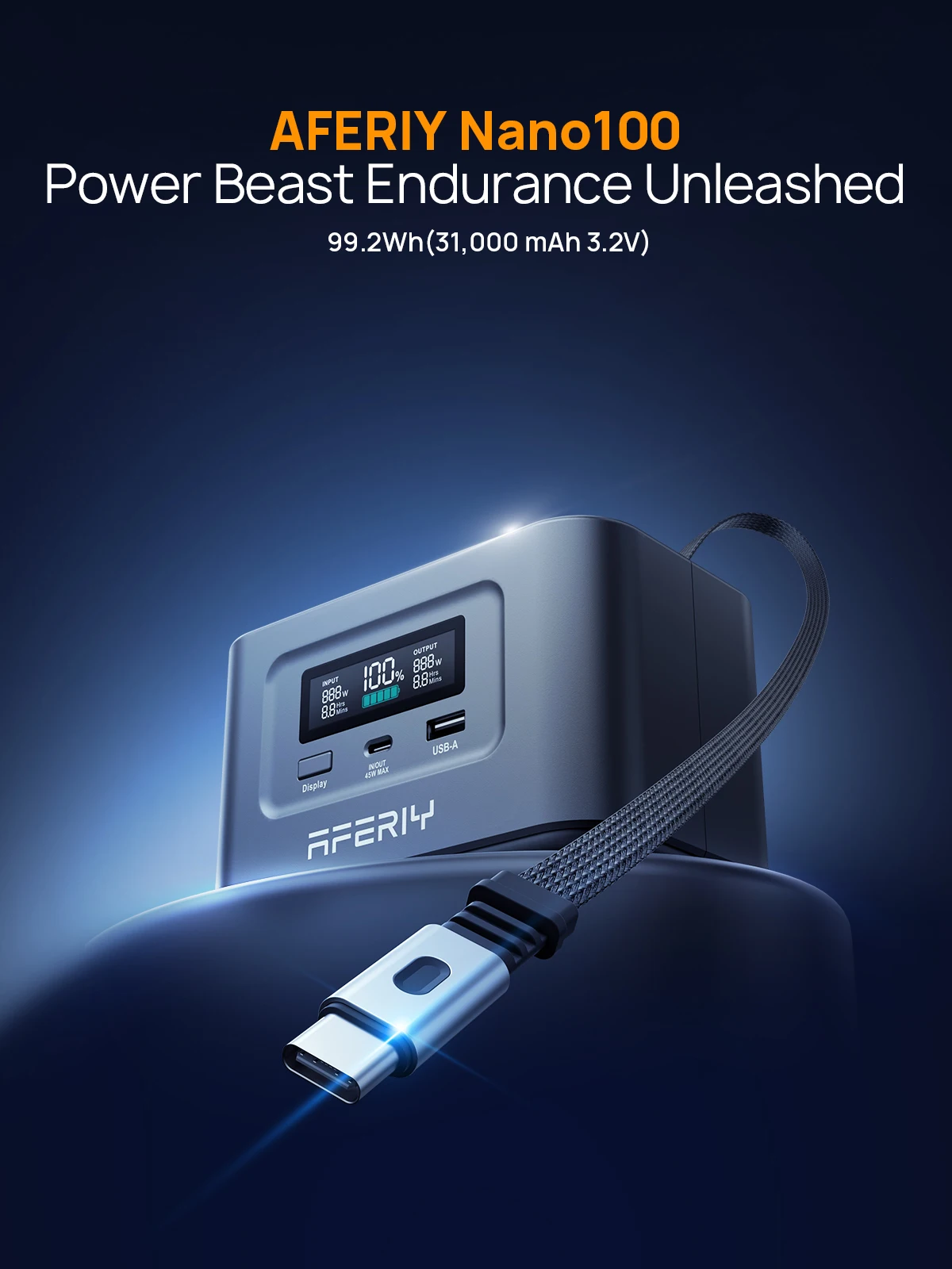 AFERIY Nano100 Tragbare Powerstation, 100W 99,2Wh, Teleskopisches Typ-C-Kabel, 1,5h Vollaufladung, 3000+ Zyklen LiFePO4-Akku