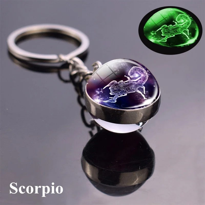 12 Constellation Luminous Keychain Double Sided Glass Ball Pendant Zodiac Key chain Glow In The Dark Key Holder Birthday Gift