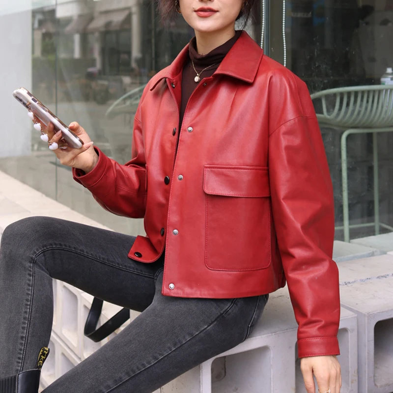 Kurtki i płaszcze damskie ze 100% prawdziwej skóry, jesień 2025, codzienne, jednorzędowe, z klapami, długi rękaw, luźne krótkie kurtki ze skóry owczej.