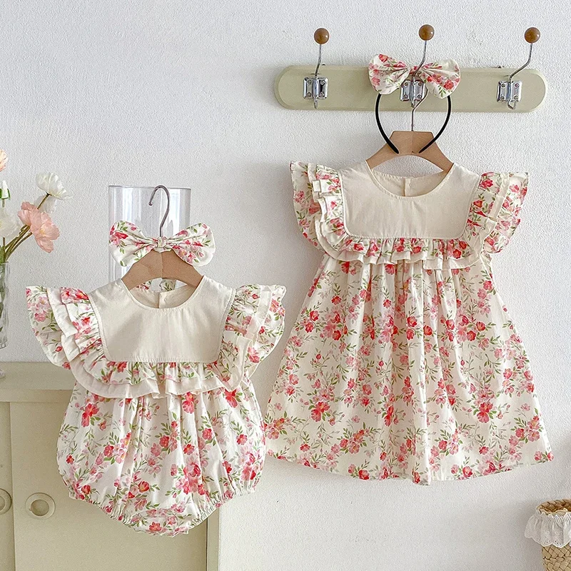 

2026 New Summer Sister Clothing 2-7Yrs Baby Girl Birthday Party Dress Kids Princess Dresses Flying Sleeve Cotton Printed Romper
