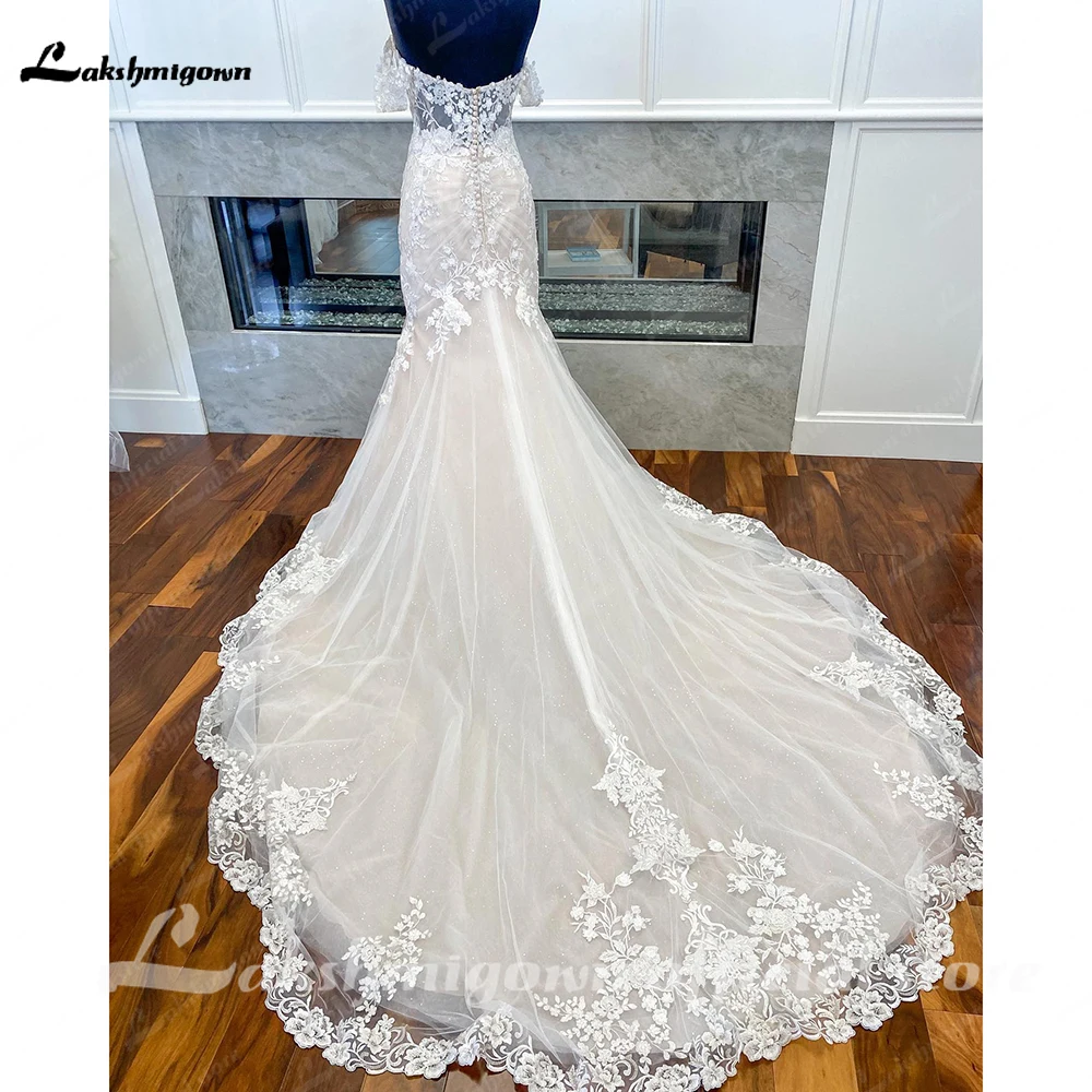 Light Champagne Off the Shoulder Mermaid Wedding Dress Lace Appliques Tulle Bridal Wedding Gowns vestido de casamento princesa