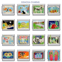 GEMOSA Colorful Glaze Fashion Paysage Flower Fish Cats Charms Italian Links 9mm Bracelets Stainless Steel DIY Making Jewelry