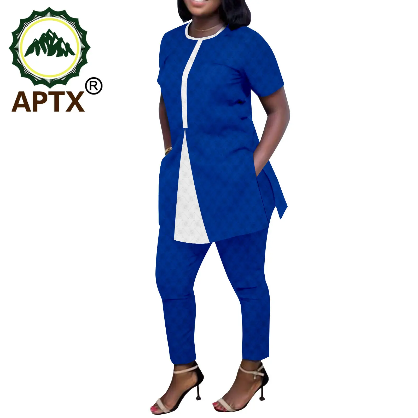 

APTX Африканский костюм Анкары для женщин, комплект из 2 предметов, Длинный топ с короткими рукавами + облегающие брюки полной длины TA2226012