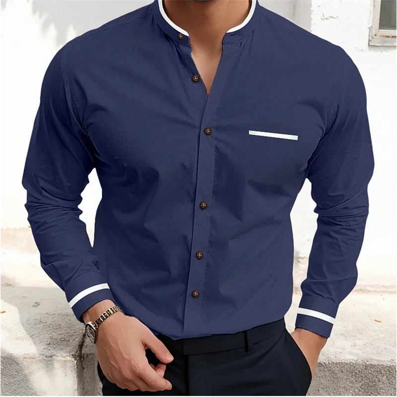 Camisa Formal con botones para hombre, camisa blanca de manga larga, cuello alto, bloque de Color, Primavera, oficina, carrera, boda, atuendo de