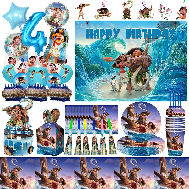 Moana Birthday Decoration Vaiana Birthday Balloons Moana 2 Party Deco Supplies Tableware Cup Plates Tablecloth Banner Backdrop