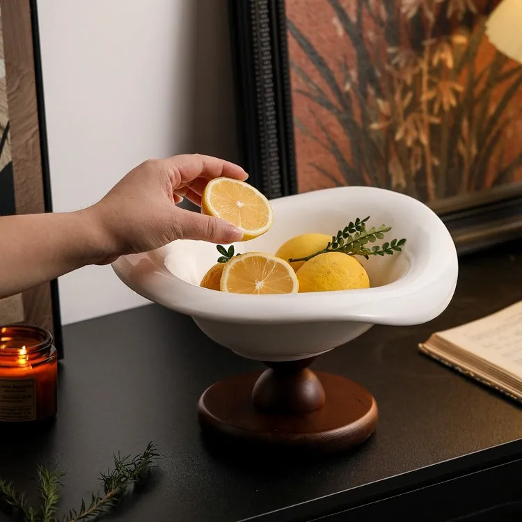 

Ceramic fruit plate high foot retro wooden fruit snack storage living room coffee table entrance decorative basin