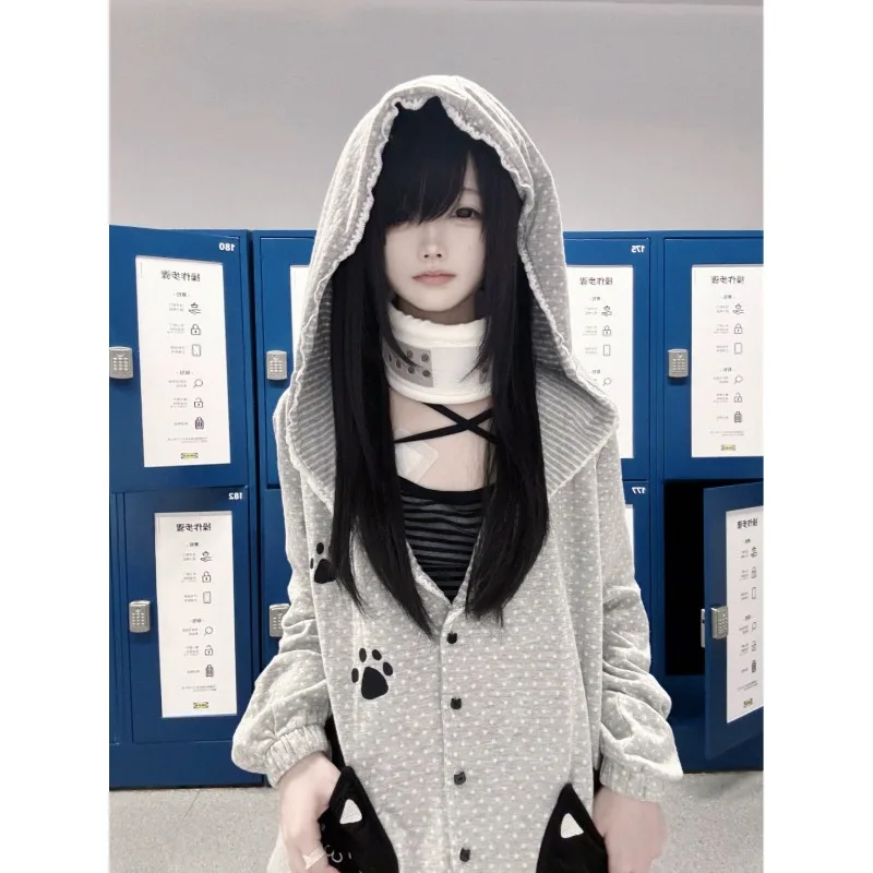 

Double sided fabric small black cat hooded cardigan, ancient early home, cute Japanese style