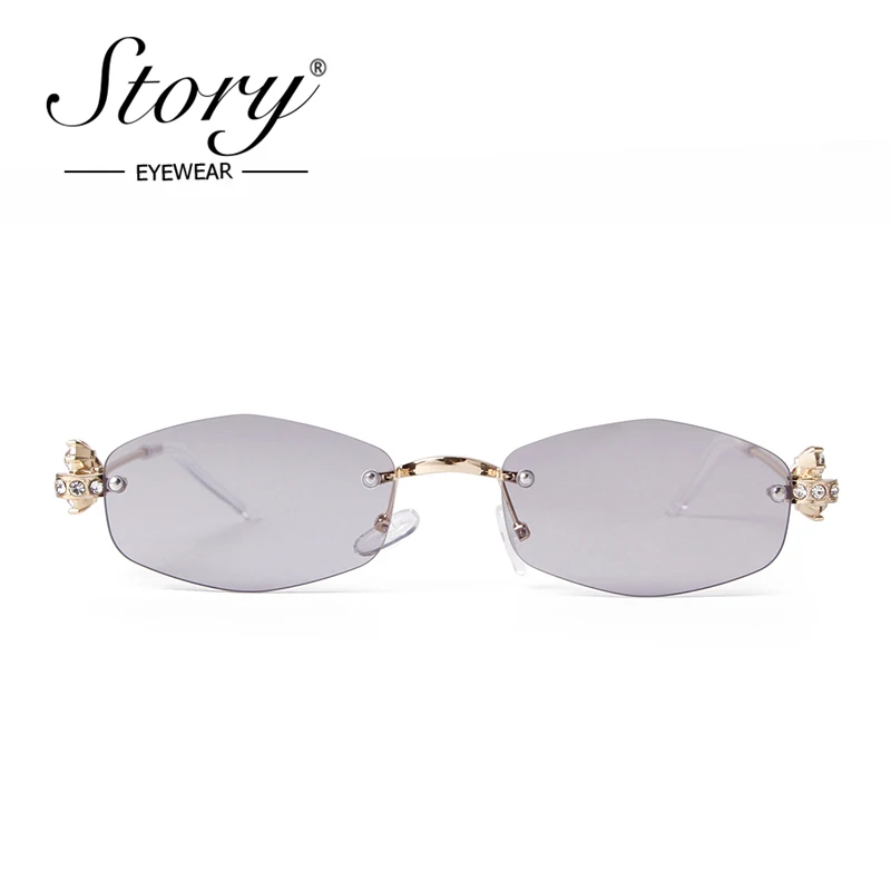 STORY Trendy Rimless Polygon Sunglasses Women Brand Designer Fashion Rhinestone Decoration Sun Glasses with Pink Diamond S8121D