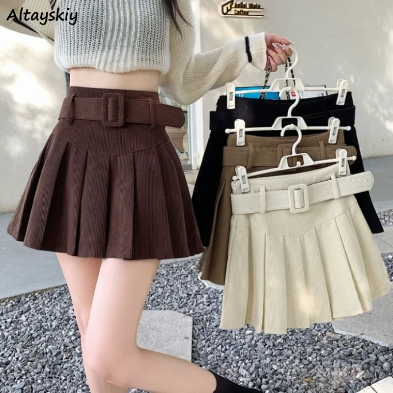 

4 Colors Corduroy Mini Skirts Women with Sashes Sexy Cute Solid Harajuku Autumn High Waist Faldas Pleated Preppy Korean Style