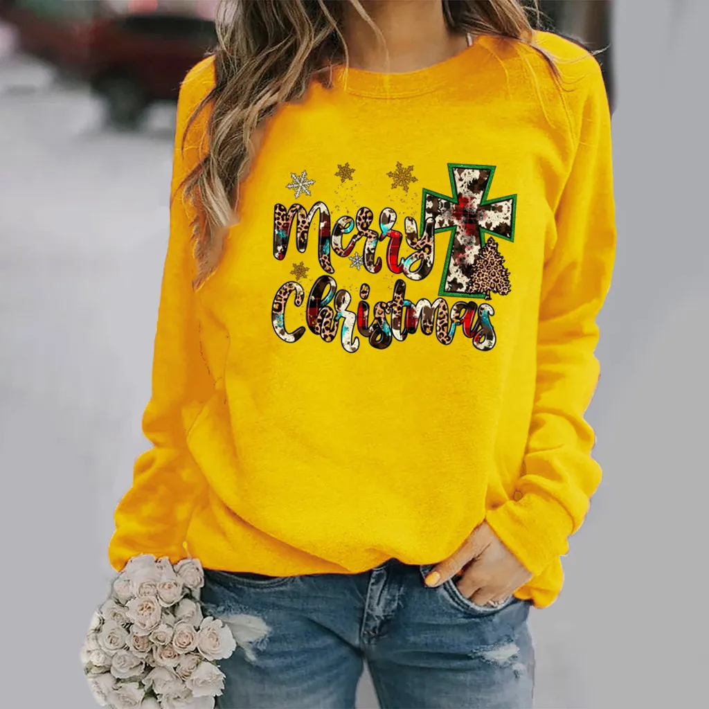 Christmas Letter Skeleton Hand Print Long Sleeve Crew Neck Hoodie for Women Sweatshirt  Aesthetic  Sweatshirts