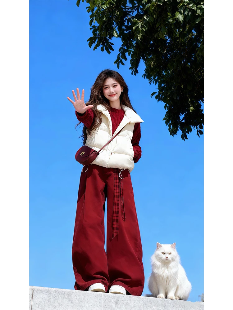 

Winter Knitted Sweater Set Women's Red Casual Wide Leg Pants Three-Piece Suit Warmth Comfortable Vintage Style round Neck Top
