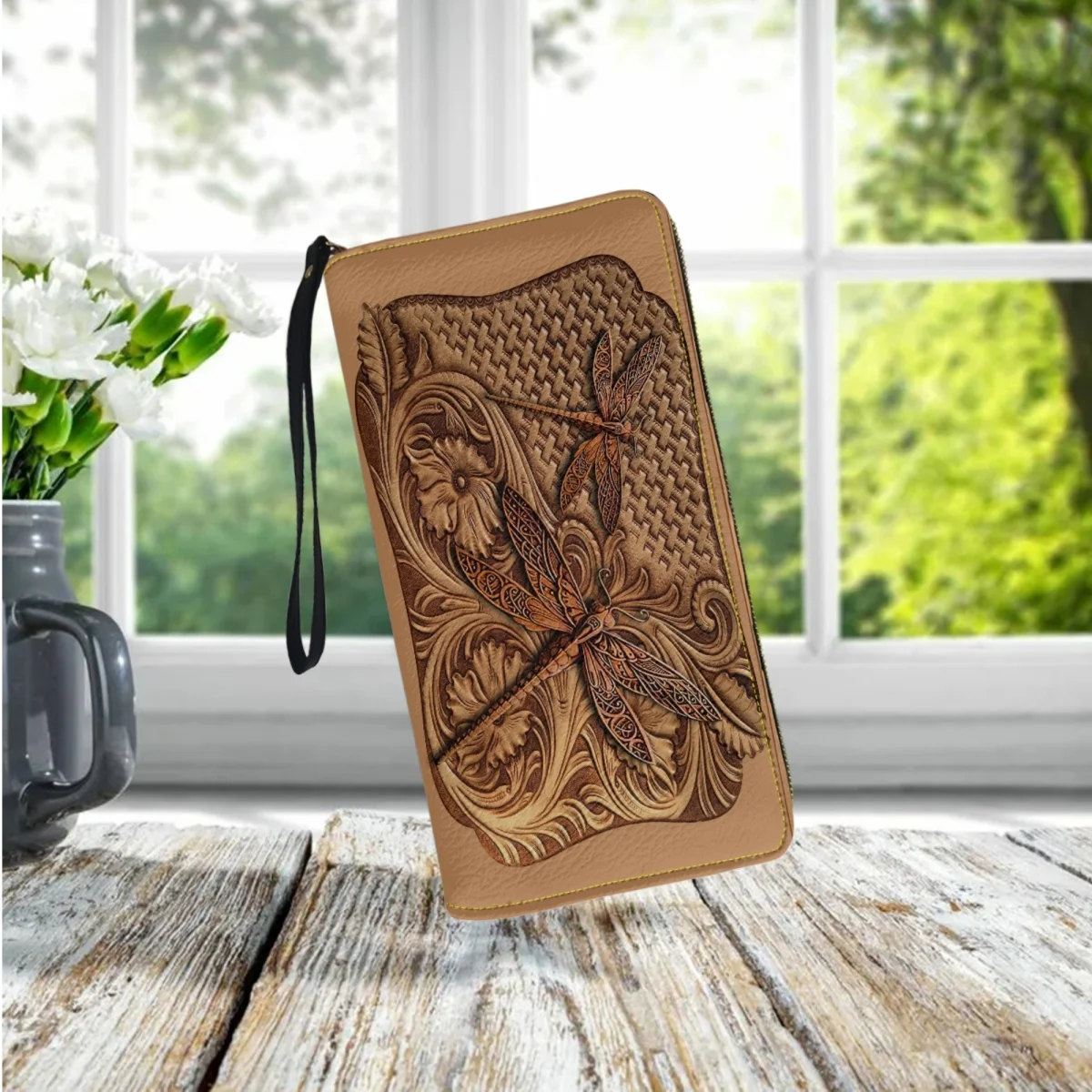 Personalized Vintage Dragonfly Design Ladies Clutch Fashion Portable Long Wrist Zipper Wallet Travel Party Commuter Card Holder