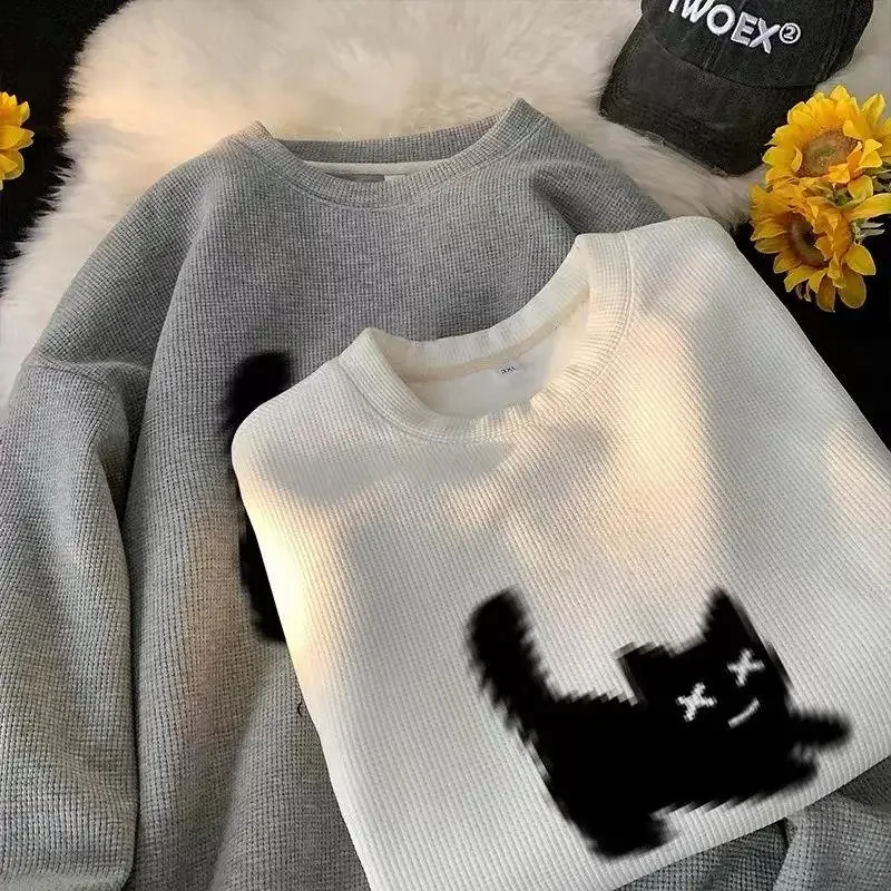 Streetwear Harajuku Waffle Cotton Kawaii Hoodies for Men O-Neck Oversized Sweatshirt Y2K Black Cat HIP HOP Punk Winter Clothes