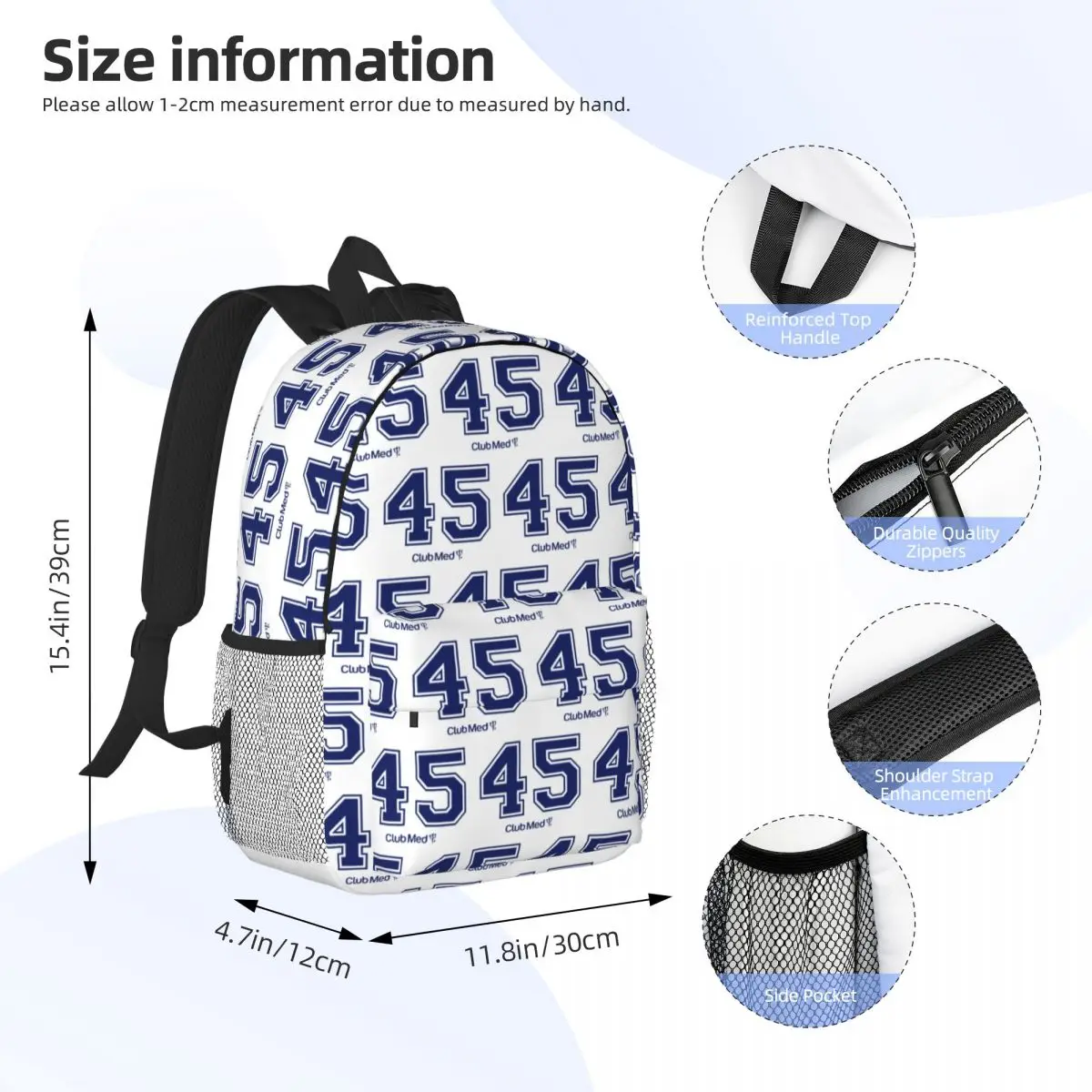 Number 45 Club Med Backpack Student Boys Girls BookBag Men Women School Bag Laptop Shoulder Bags