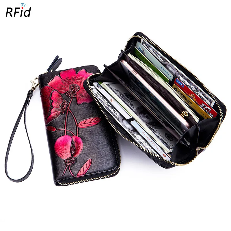 Western RDIF Protecting Handpainting Long Women Wallet Fashion Zipper Design Flower Embossed Leather Purse for Ladies