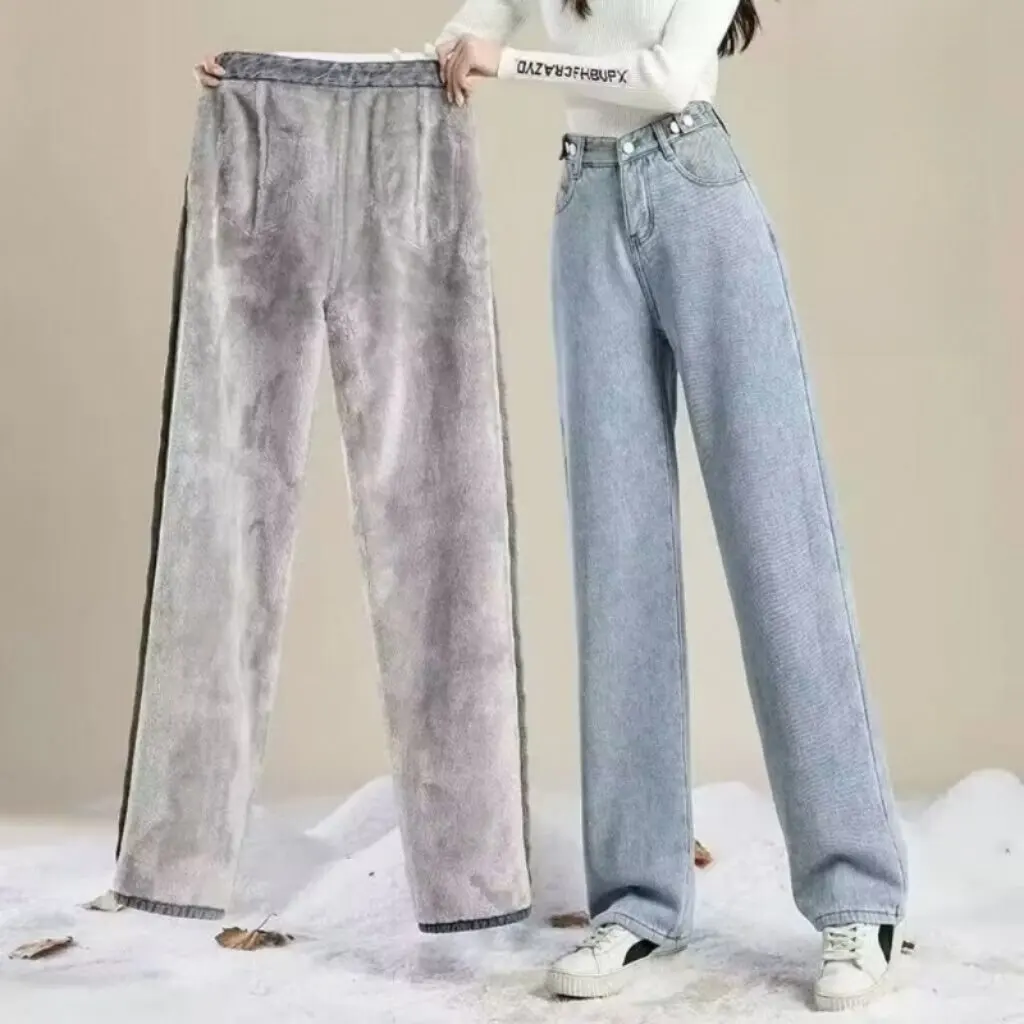 Damskie ocieplane jeansy z szerokimi nogawkami, wysoki stan, wyszczuplające, proste spodnie, jesienno-zimowe, ciepłe, uniwersalne, dżinsy studenckie.