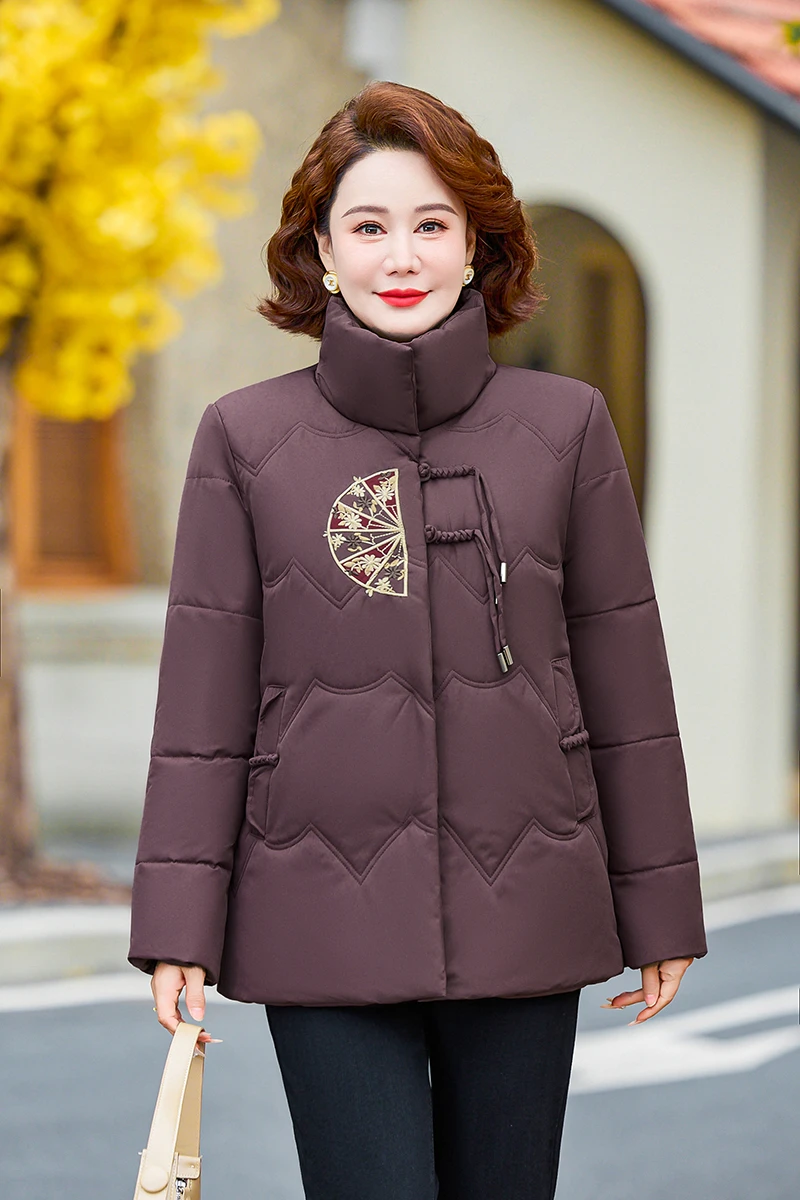 

RED теплая зимняя одежда, женское пальто среднего возраста, пожилые люди с вышивкой, средней длины, утепленная флисовая женская хлопковая верхняя одежда