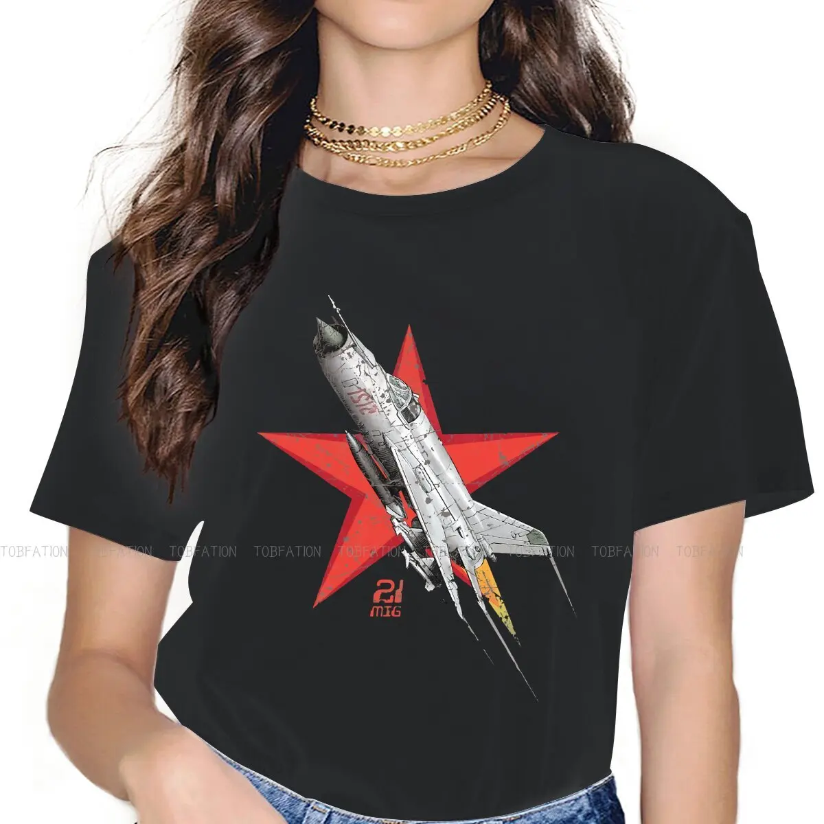 MIG 21 Vintage Soviet Fighter Aircraft  Women's TShirt Russian USSR CCCP Girls Basic Tees 5XL O-neck Female T Shirt Hipster Gift