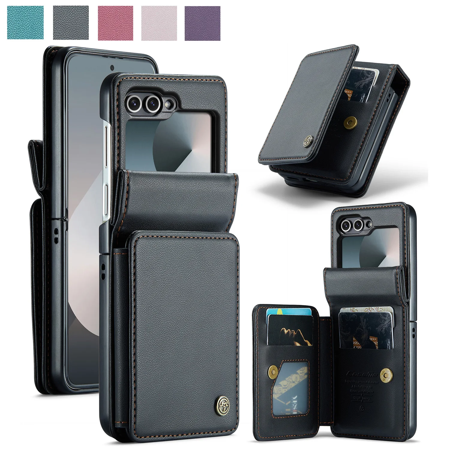 

Caseme-C22 Wallet Case For Samsung Galaxy Z Flip 6 / Flip 7 FE, PU Leather Card Pocket Slots Back Cover Shockproof Phone Case