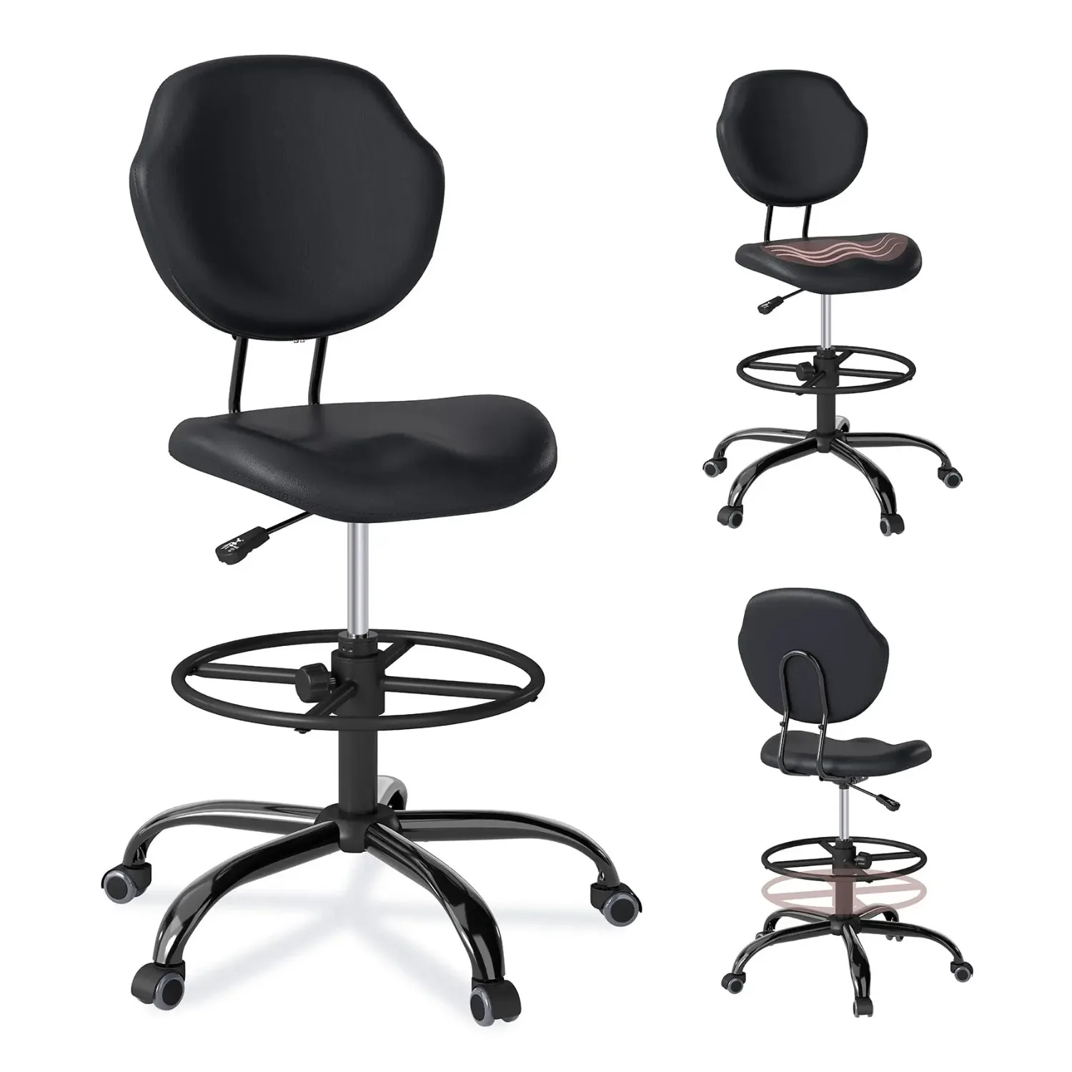 Drafting Chair with Back Support, Tall Desk Rolling Stool (Black, Set of 1) | Armless High Faux Leather Office Chair