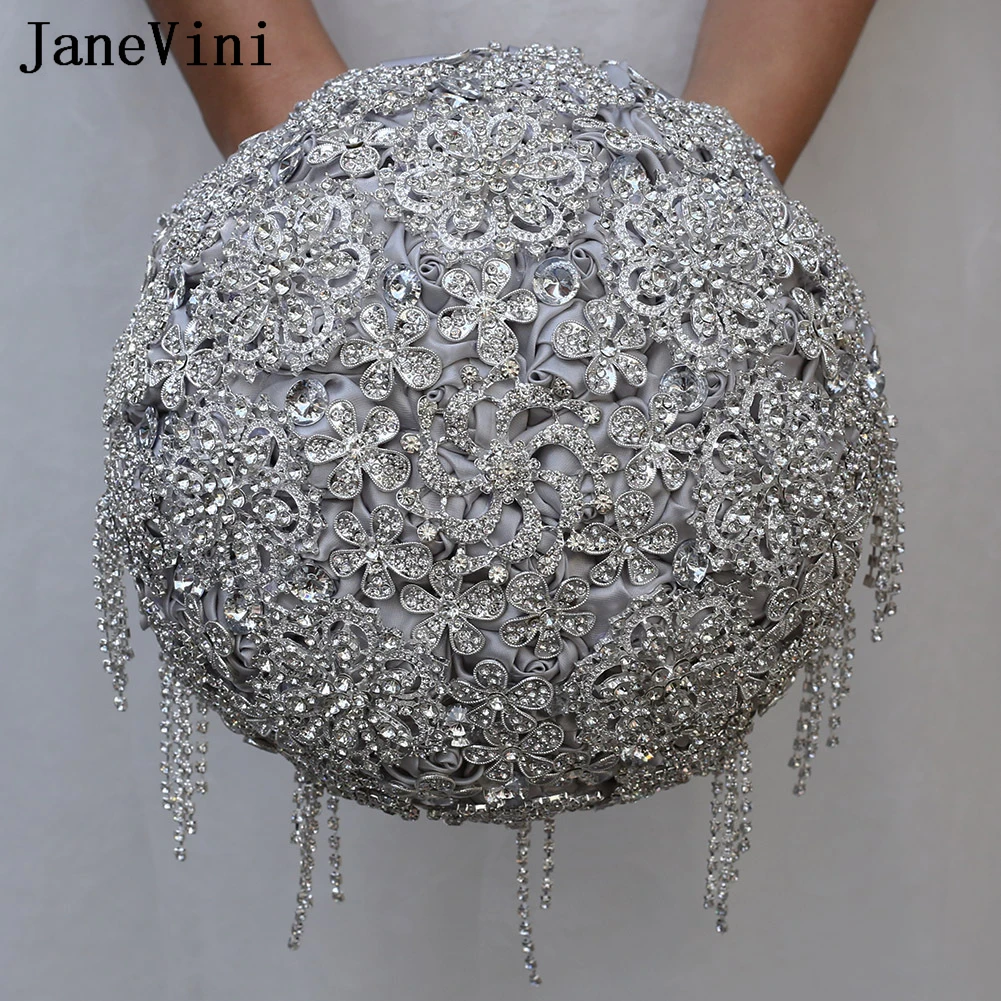 

JaneVini Bling Bling Silver Jewelry Brides Wedding Bouquet Satin Flower Beaded Crystal Bruidsboeket Wedding Bridal Hand Bouquets